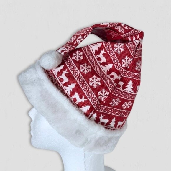 NWT Santa Hat Faux Fur Trimming Happy Holiday Christmas Tree Snowflake Print Red - Picture 1 of 3